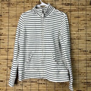 L L Bean Jacket Womens M Ivory Blue Full Zip High Neck Stretchy Nautical Outdoor